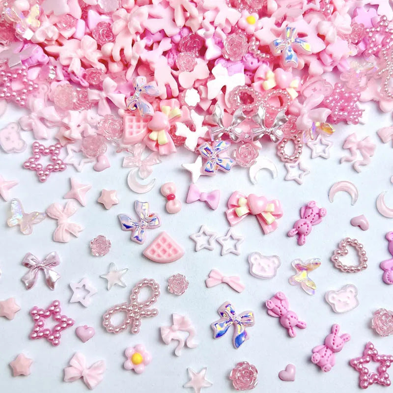 50PCS Random Mixed Black Bows Bear Nail Charms Resin Mini Heart Star Flower Nail Art Decorations Handmade DIY Press on Nails