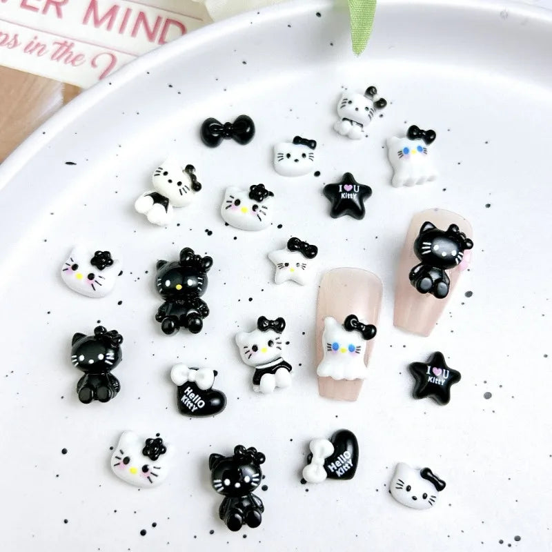 50Pcs Black and White Hello Kitty Nail Charms Cute 3D Heart and Bowtie Nail Art Accessories for a Stylish and Adorable Manicure