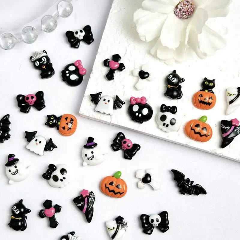 20PCS Cartoon Halloween Series Nail Art Decorations Creative Cute Ghost Bat Pumpkin Monster Nail Charms for DIY Nails Designs