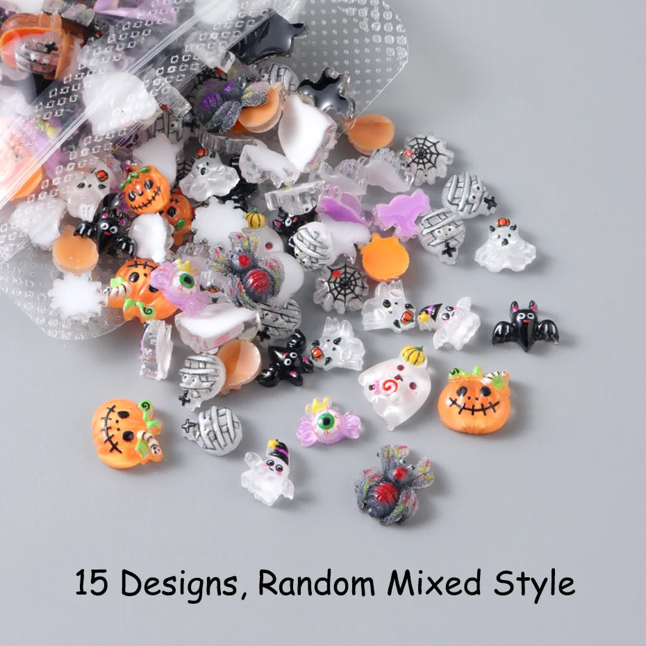 30/50/100 pcs Cute Pumkin Bat Resin Nail Charms Horror Cartoon Ghost Mummy Spider Web Autumn Halloween Festival Nail Designs