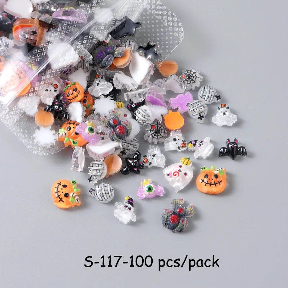 30/50/100 pcs Cute Pumkin Bat Resin Nail Charms Horror Cartoon Ghost Mummy Spider Web Autumn Halloween Festival Nail Designs