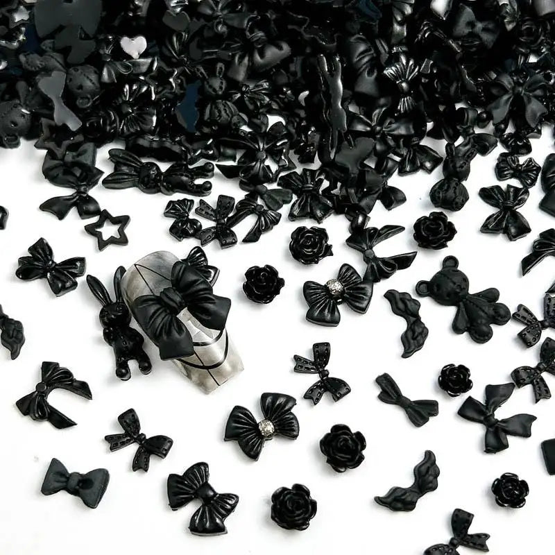 50PCS Random Mixed Black Bows Bear Nail Charms Resin Mini Heart Star Flower Nail Art Decorations Handmade DIY Press on Nails