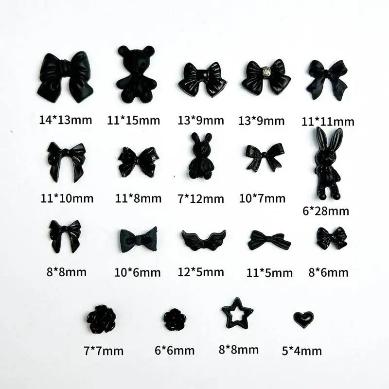 50PCS Random Mixed Black Bows Bear Nail Charms Resin Mini Heart Star Flower Nail Art Decorations Handmade DIY Press on Nails