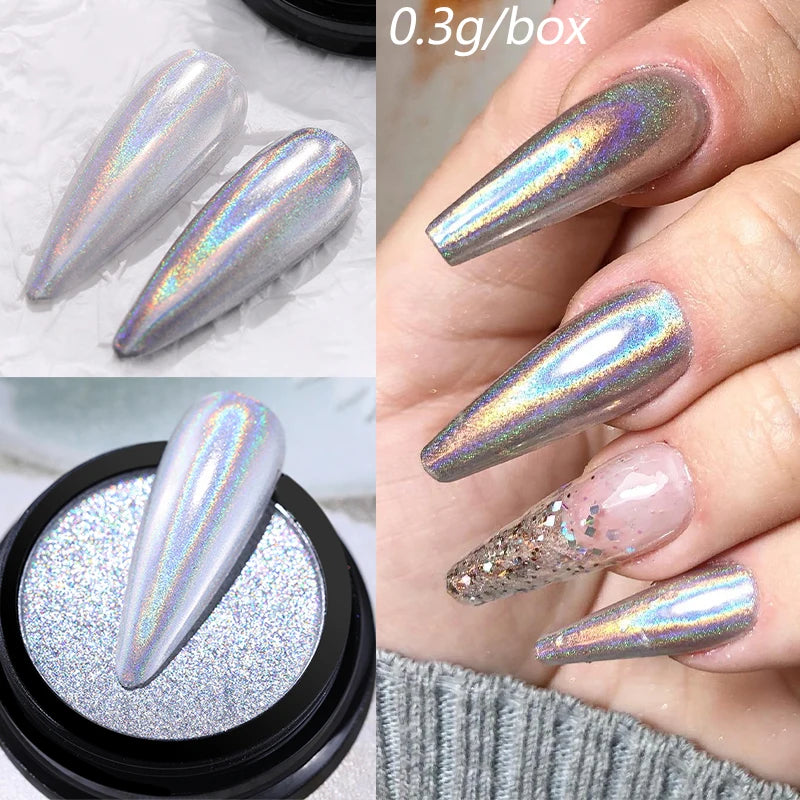NICOLE DIARY Moonlight Mirror Nail Powder Aurora Silver Glitter Metallic Effect UV Gel Polish Pigment Chrome DIY Nail Decoration