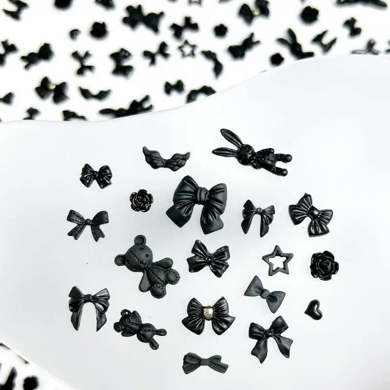 50PCS Random Mixed Black Bows Bear Nail Charms Resin Mini Heart Star Flower Nail Art Decorations Handmade DIY Press on Nails