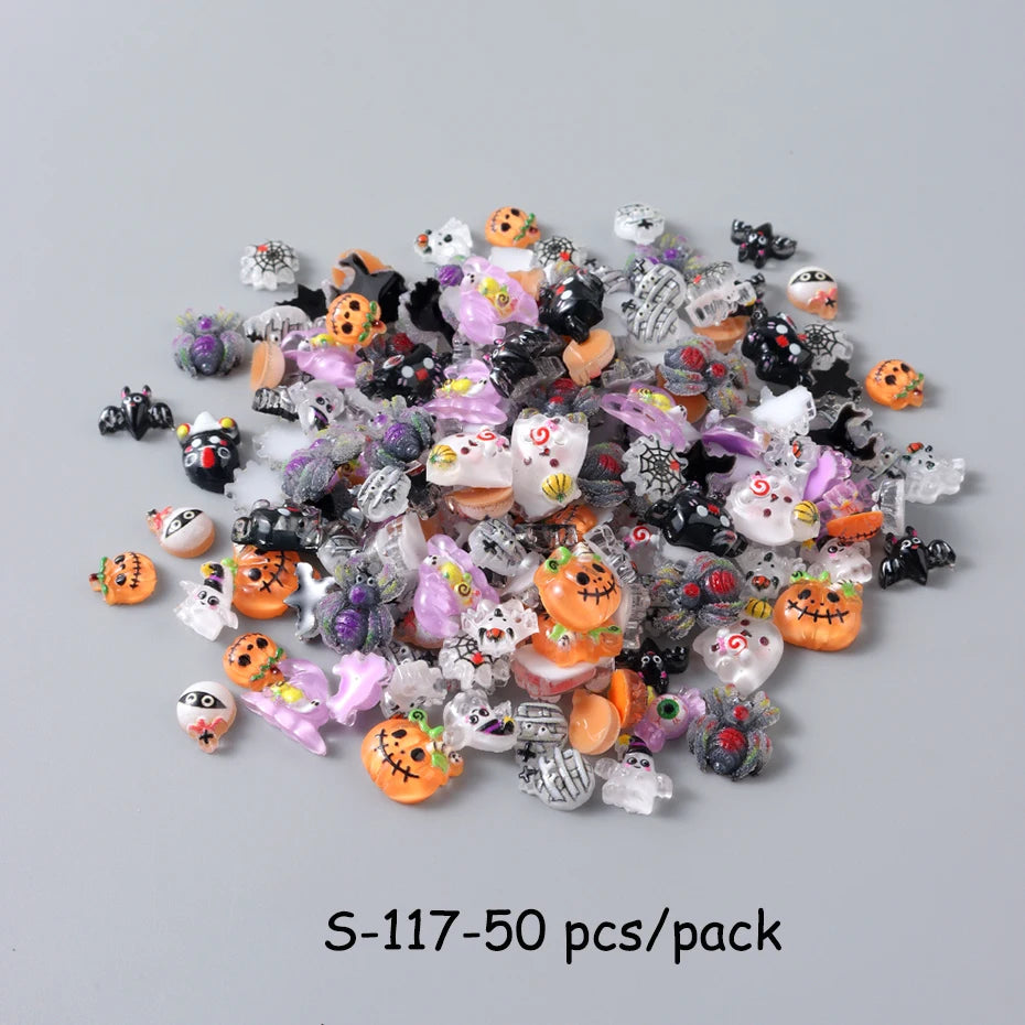 30/50/100 pcs Cute Pumkin Bat Resin Nail Charms Horror Cartoon Ghost Mummy Spider Web Autumn Halloween Festival Nail Designs