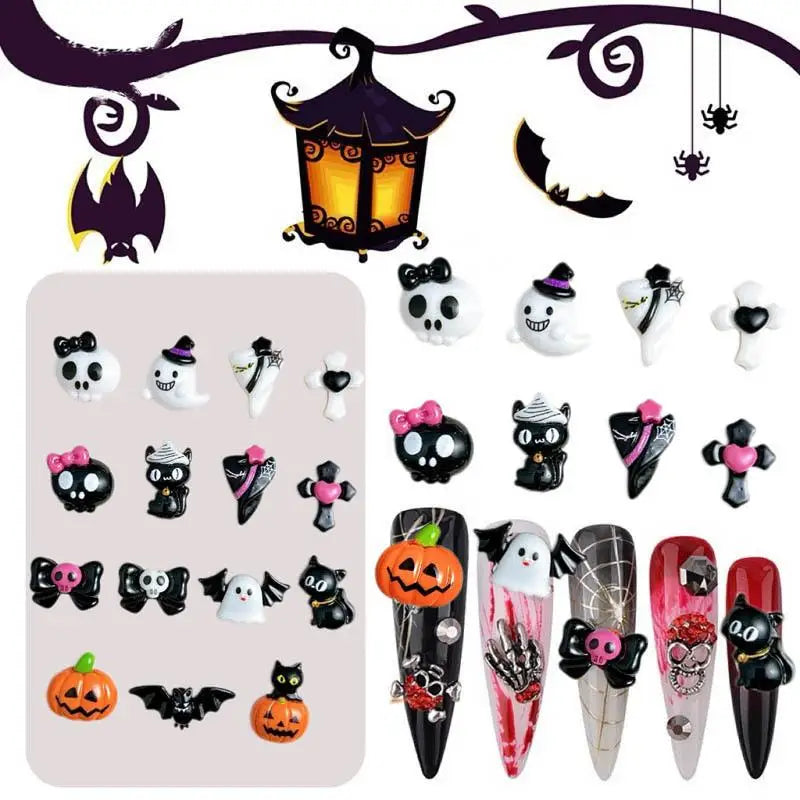 20PCS Cartoon Halloween Series Nail Art Decorations Creative Cute Ghost Bat Pumpkin Monster Nail Charms for DIY Nails Designs