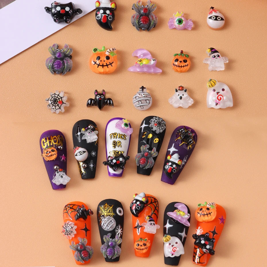 30/50/100 pcs Cute Pumkin Bat Resin Nail Charms Horror Cartoon Ghost Mummy Spider Web Autumn Halloween Festival Nail Designs