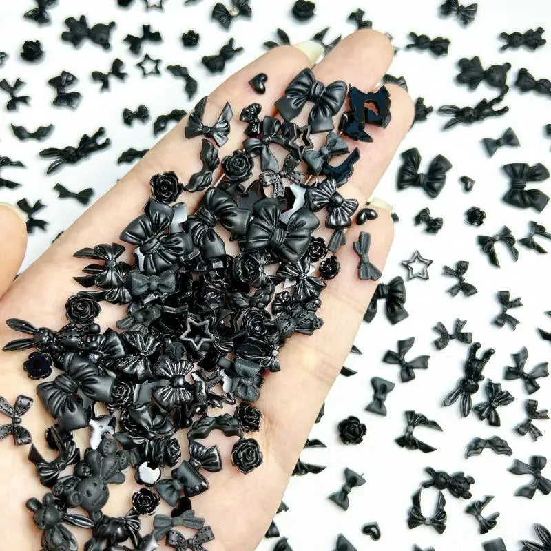 50PCS Random Mixed Black Bows Bear Nail Charms Resin Mini Heart Star Flower Nail Art Decorations Handmade DIY Press on Nails