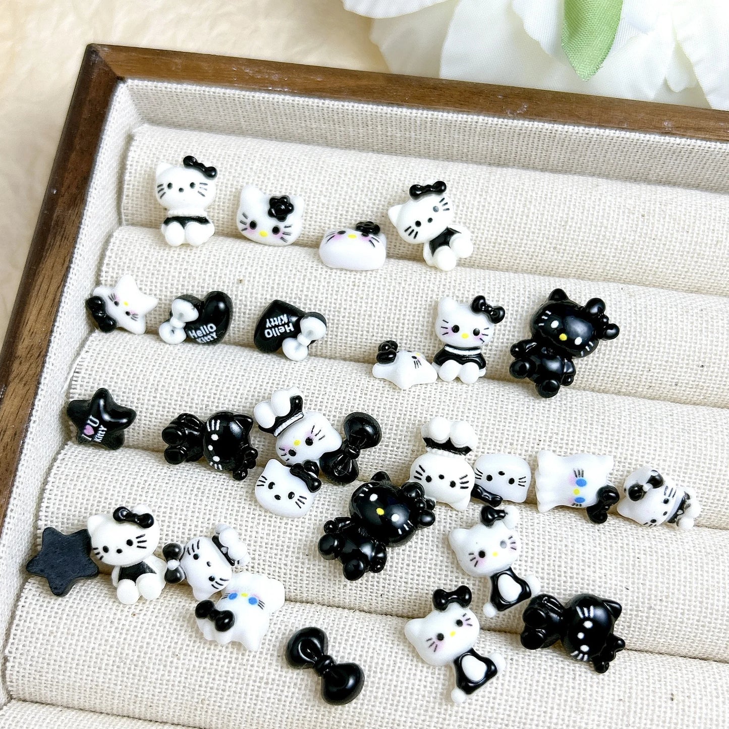 50Pcs Black and White Hello Kitty Nail Charms Cute 3D Heart and Bowtie Nail Art Accessories for a Stylish and Adorable Manicure