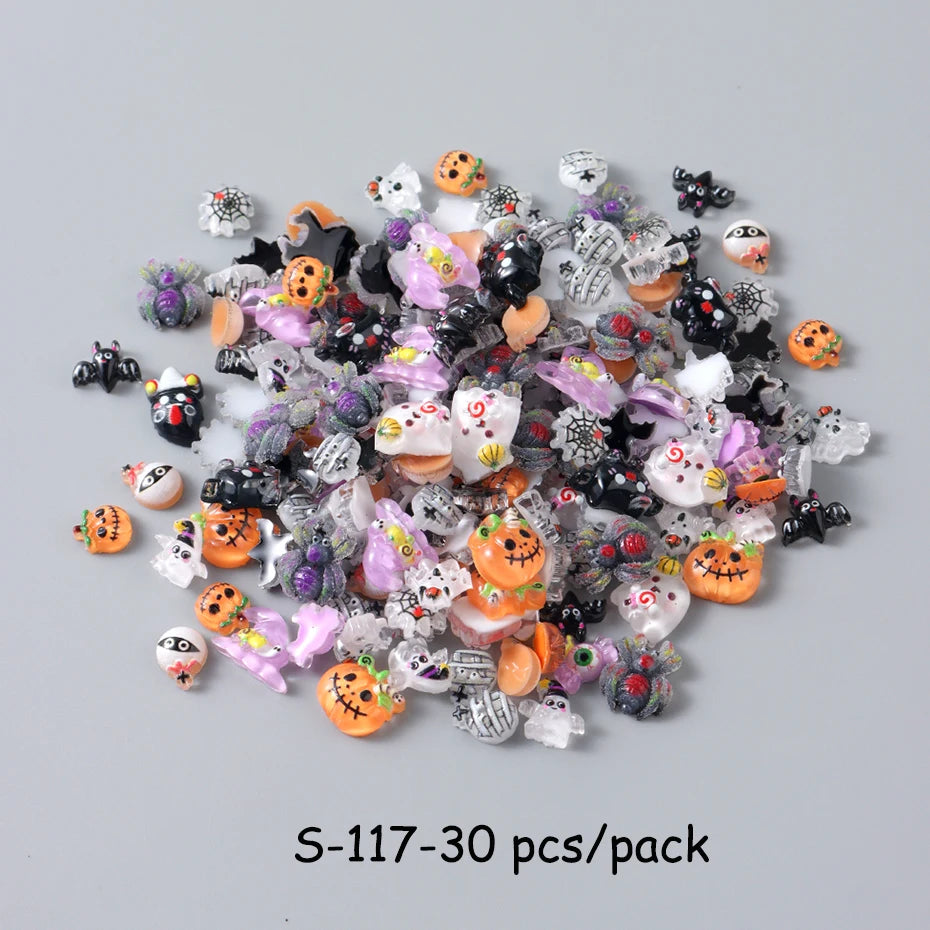 30/50/100 pcs Cute Pumkin Bat Resin Nail Charms Horror Cartoon Ghost Mummy Spider Web Autumn Halloween Festival Nail Designs