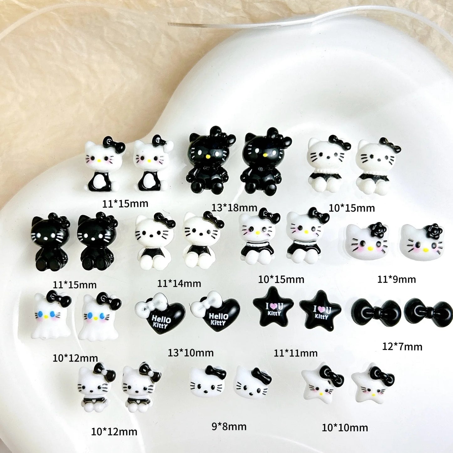 50Pcs Black and White Hello Kitty Nail Charms Cute 3D Heart and Bowtie Nail Art Accessories for a Stylish and Adorable Manicure