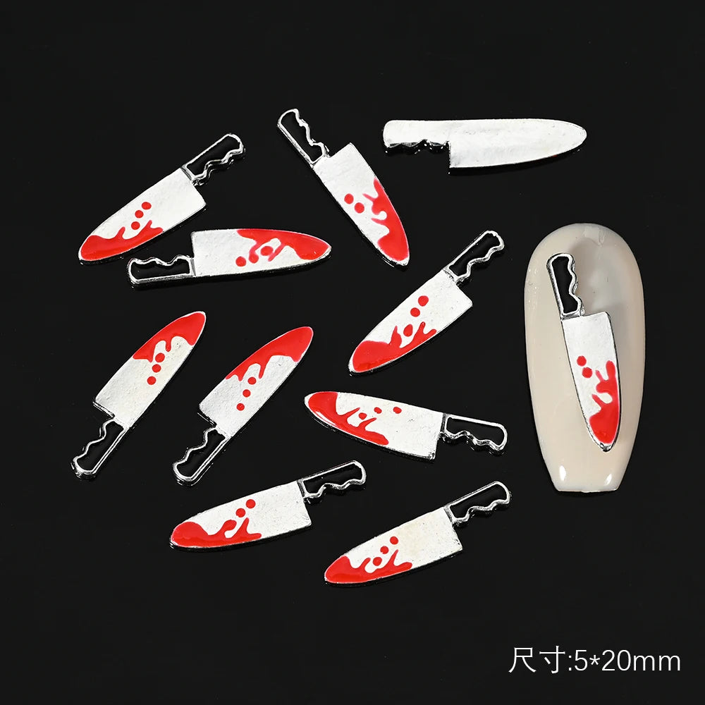 10Pcs Halloween Fake Weapon with Blood Nail Charms Bloody Horror Metal Nail Art Decorations Manicure Accessories Punk Jewelry *&