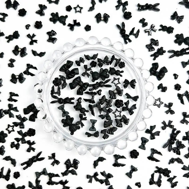50PCS Random Mixed Black Bows Bear Nail Charms Resin Mini Heart Star Flower Nail Art Decorations Handmade DIY Press on Nails