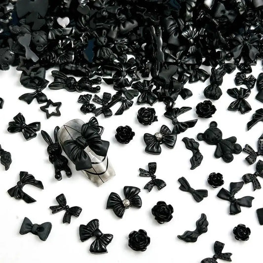 50PCS Random Mixed Black Bows Bear Nail Charms Resin Mini Heart Star Flower Nail Art Decorations Handmade DIY Press on Nails