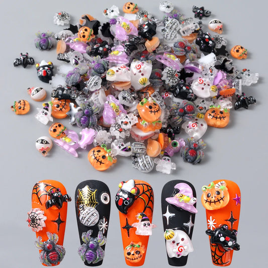 30/50/100 pcs Cute Pumkin Bat Resin Nail Charms Horror Cartoon Ghost Mummy Spider Web Autumn Halloween Festival Nail Designs